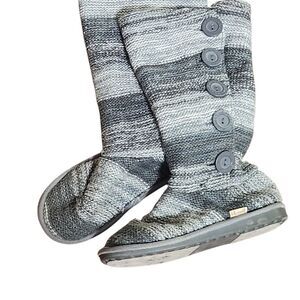Muk Luk Slipper Boots Womens Size 7 Gray Knit Mid Calf A La Mode Stripe